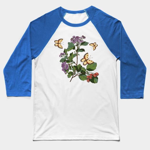 botanical illustration of a plant with berries and a butterfly Baseball T-Shirt by EEVLADA